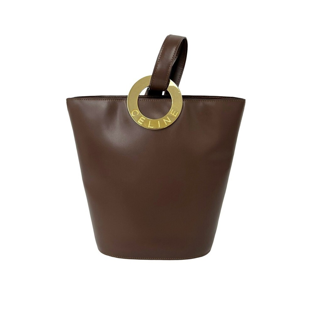 CELINE Vintage Circle Logo Hardware Leather Semi-One Shoulder Bag Tote Brown ...